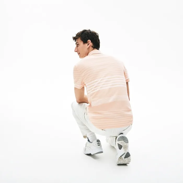 Striped Linen And Cotton Regular Fit Polo Shirt Light PinkWhite Mens Lacoste Polos Online Store
