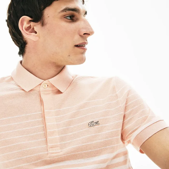 Striped Linen And Cotton Regular Fit Polo Shirt Light PinkWhite Mens Lacoste Polos Online Store