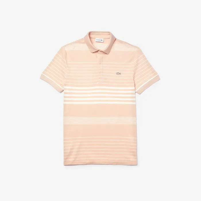 Striped Linen And Cotton Regular Fit Polo Shirt Light PinkWhite Mens Lacoste Polos Online Store