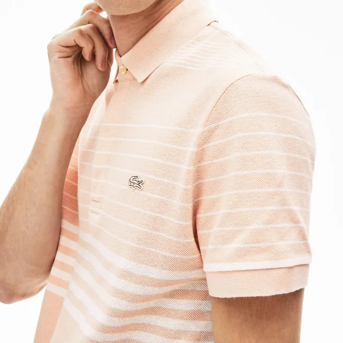Striped Linen And Cotton Regular Fit Polo Shirt Light PinkWhite Mens Lacoste Polos Online Store