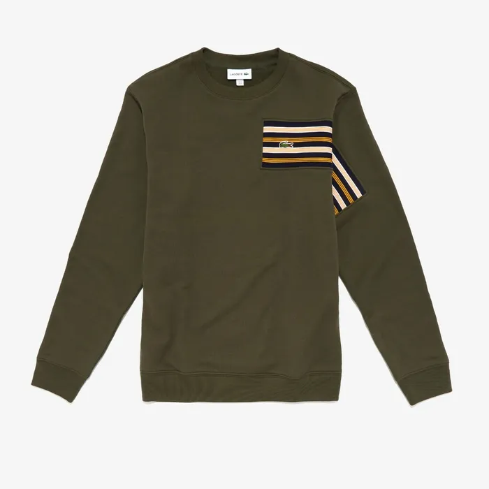 Striped Panel Cotton Fleece Sweatshirt Khaki Green Mens Lacoste Sweatshirts Outlet