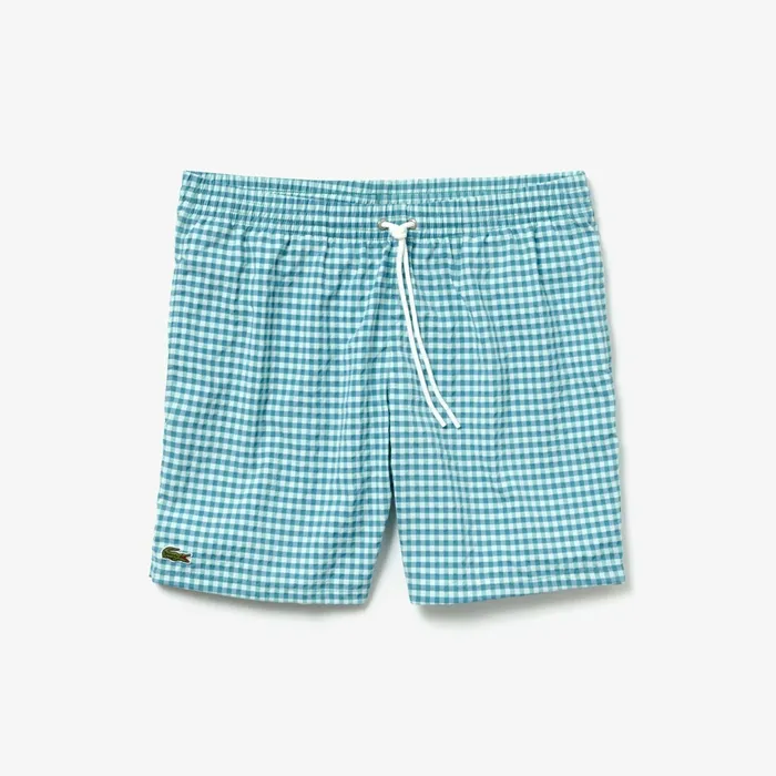 Striped Seersucker Swim Trunks WhiteBlue Mens Lacoste Swimwear Popular