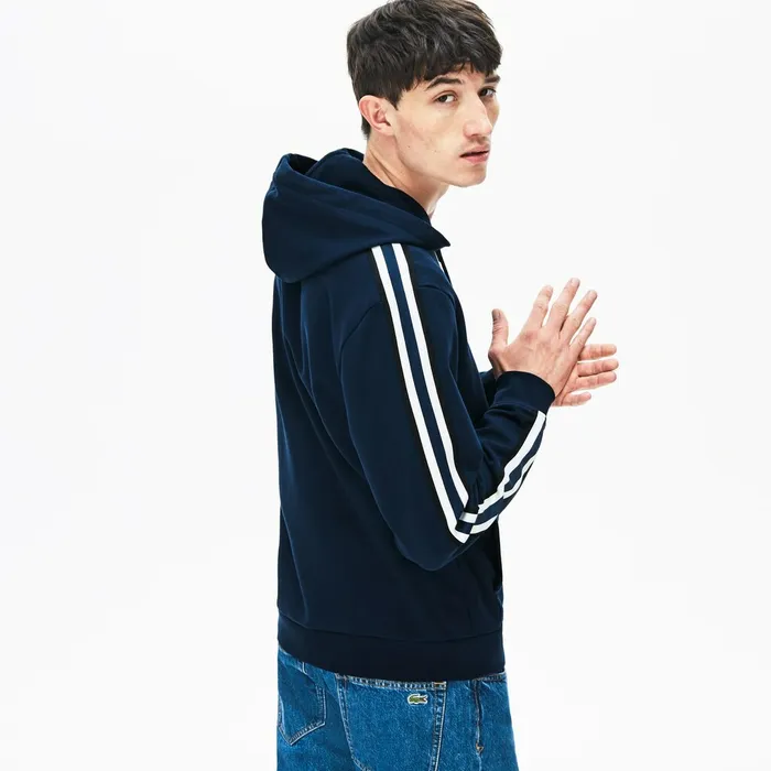StripedSleeve Hooded Zip Fleece Sweatshirt Navy Blue Mens Lacoste Sweatshirts Outlet Factory