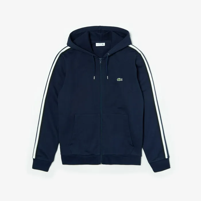StripedSleeve Hooded Zip Fleece Sweatshirt Navy Blue Mens Lacoste Sweatshirts Outlet Factory