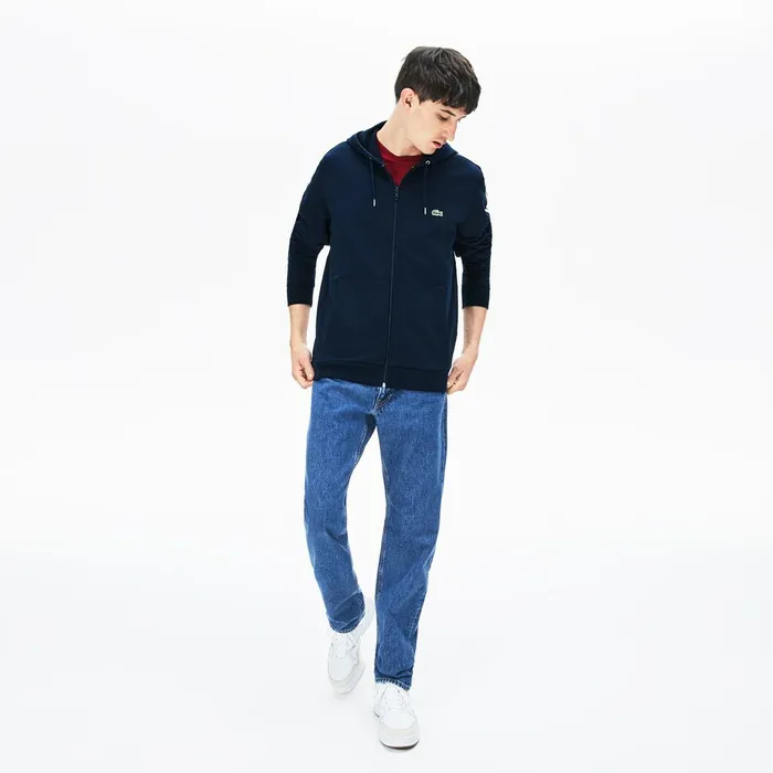 StripedSleeve Hooded Zip Fleece Sweatshirt Navy Blue Mens Lacoste Sweatshirts Outlet Factory