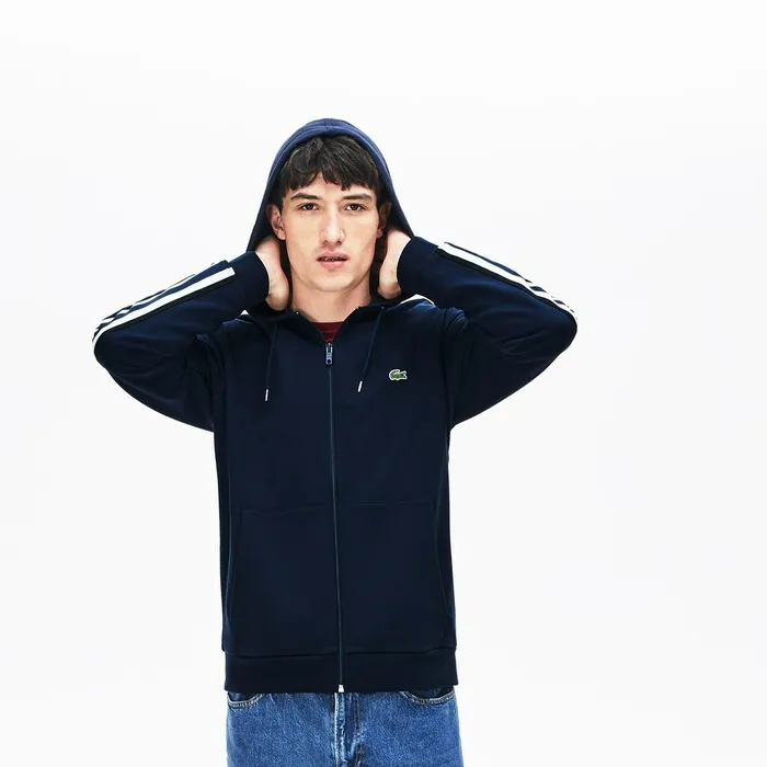 StripedSleeve Hooded Zip Fleece Sweatshirt Navy Blue Mens Lacoste Sweatshirts Outlet Factory