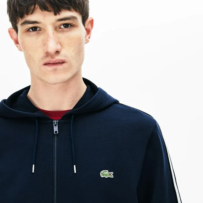 StripedSleeve Hooded Zip Fleece Sweatshirt Navy Blue Mens Lacoste Sweatshirts Outlet Factory