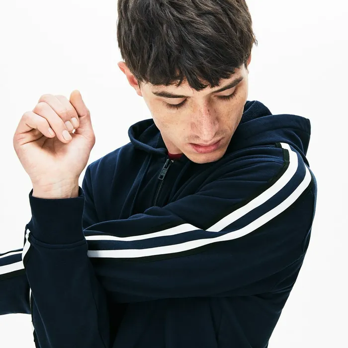 StripedSleeve Hooded Zip Fleece Sweatshirt Navy Blue Mens Lacoste Sweatshirts Outlet Factory
