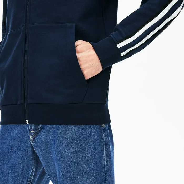 StripedSleeve Hooded Zip Fleece Sweatshirt Navy Blue Mens Lacoste Sweatshirts Outlet Factory