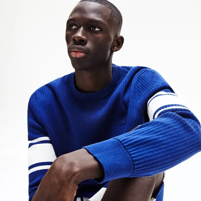Striped Sleeves Cotton And Linen Blend Crew Neck Sweater Navy BlueWhite Mens Lacoste Sweaters Outlet Striped Sleeves Cotton And Linen Blend Crew Neck Sweater Navy BlueWhite Mens Lacoste Sweaters Outlet
