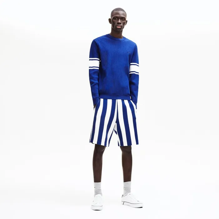 Striped Sleeves Cotton And Linen Blend Crew Neck Sweater Navy BlueWhite Mens Lacoste Sweaters Outlet