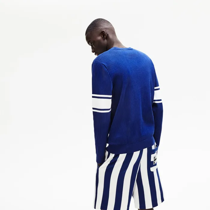 Striped Sleeves Cotton And Linen Blend Crew Neck Sweater Navy BlueWhite Mens Lacoste Sweaters Outlet