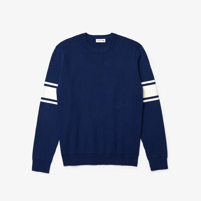 Striped Sleeves Cotton And Linen Blend Crew Neck Sweater Navy BlueWhite Mens Lacoste Sweaters Outlet