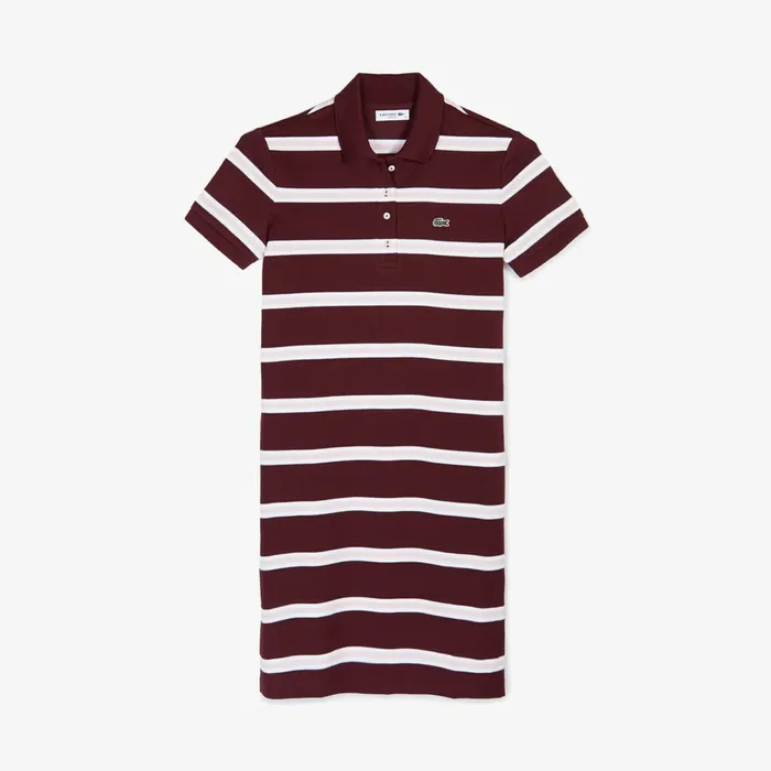 Striped Stretch Cotton Polo Dress BordeauxLight PinkWhite Womens Lacoste Dresses and Skirts Outlet