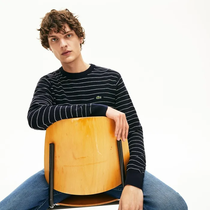 Striped Textured Cotton Sweater Navy BlueWhite Mens Lacoste Sweaters For Sale