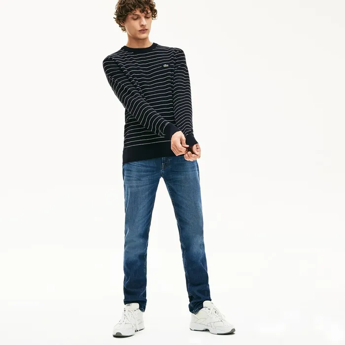 Striped Textured Cotton Sweater Navy BlueWhite Mens Lacoste Sweaters For Sale