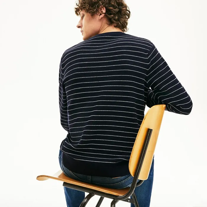 Striped Textured Cotton Sweater Navy BlueWhite Mens Lacoste Sweaters For Sale