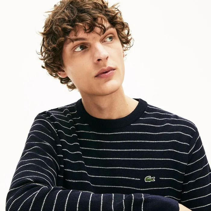 Striped Textured Cotton Sweater Navy BlueWhite Mens Lacoste Sweaters For Sale