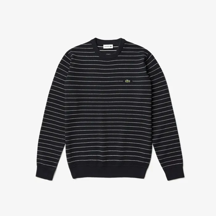 Striped Textured Cotton Sweater Navy BlueWhite Mens Lacoste Sweaters For Sale