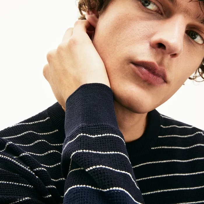 Striped Textured Cotton Sweater Navy BlueWhite Mens Lacoste Sweaters For Sale