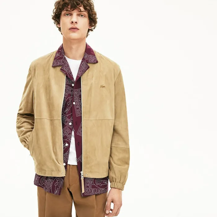 Suede ZipUp Bomber Beige Mens Lacoste Jackets and Coats Online Store