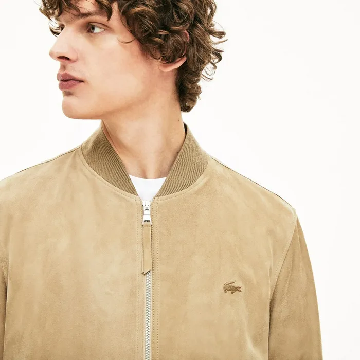Suede ZipUp Bomber Beige Mens Lacoste Jackets and Coats Online Store