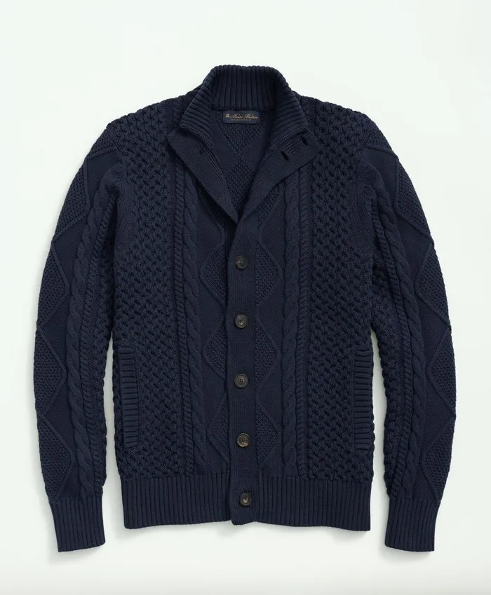 Sweaters Men Brooks Brothers Cotton Stand Collar Aran Knit Cardigan Navy