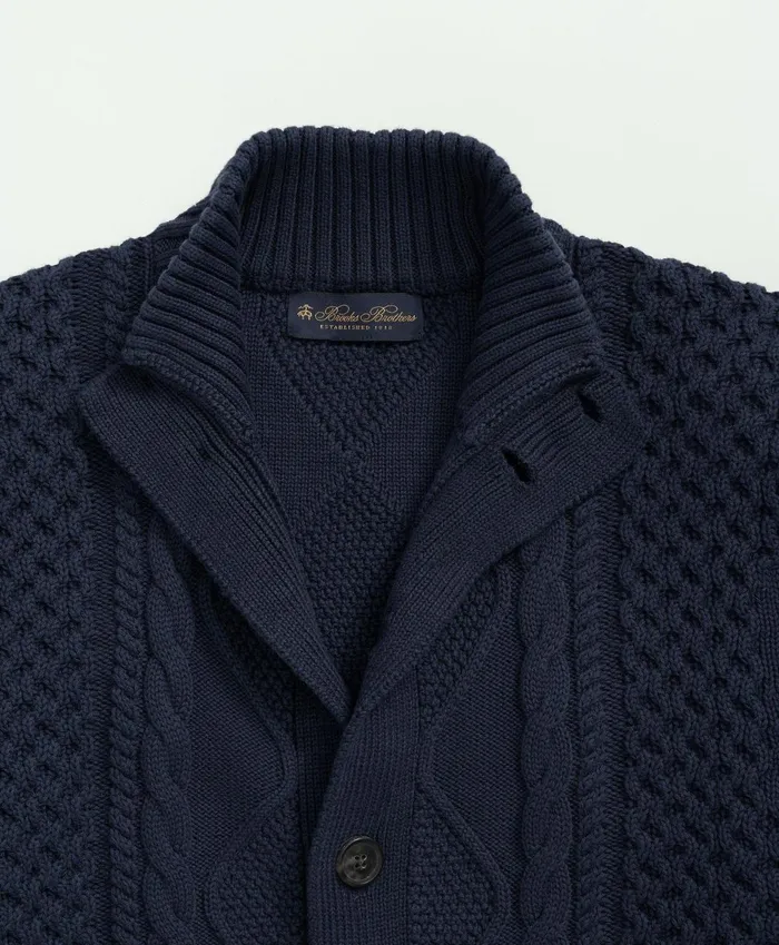 Sweaters Men Brooks Brothers Cotton Stand Collar Aran Knit Cardigan Navy