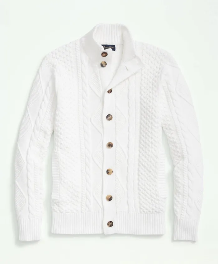 Sweaters Men Brooks Brothers Cotton Stand Collar Aran Knit Cardigan White