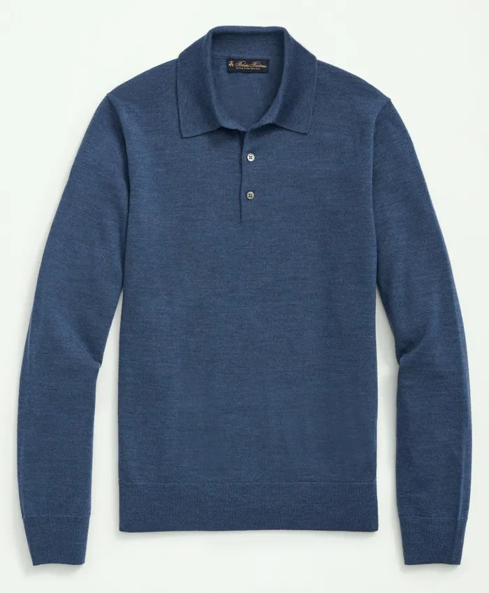 Sweaters Men Brooks Brothers Fine Merino Wool Sweater Polo Blue Heather