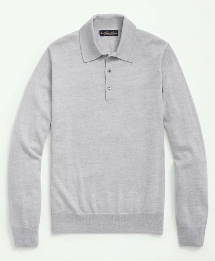 Sweaters Men Brooks Brothers Fine Merino Wool Sweater Polo Light Grey Heather