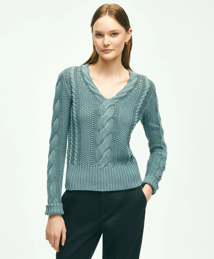Sweaters Women Brooks Brothers Cotton MultiCable VNeck Sweater Blue