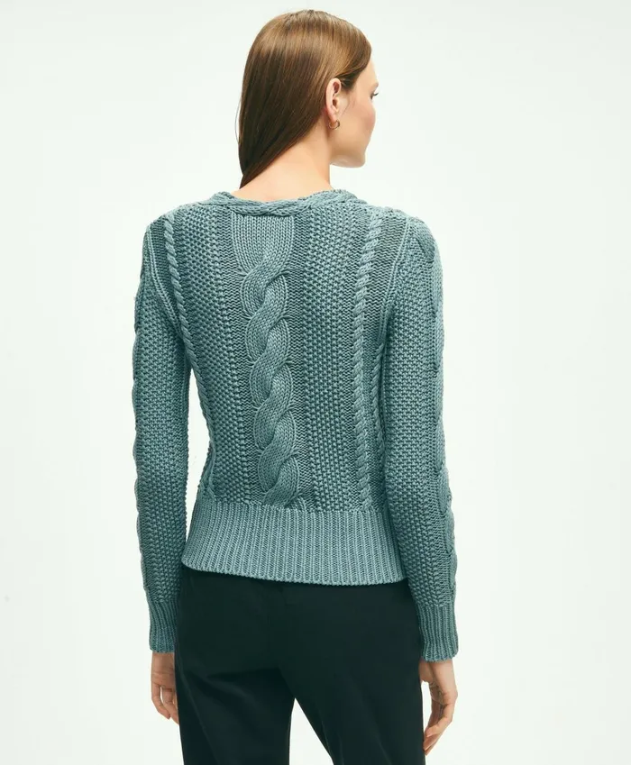 Sweaters Women Brooks Brothers Cotton MultiCable VNeck Sweater Blue