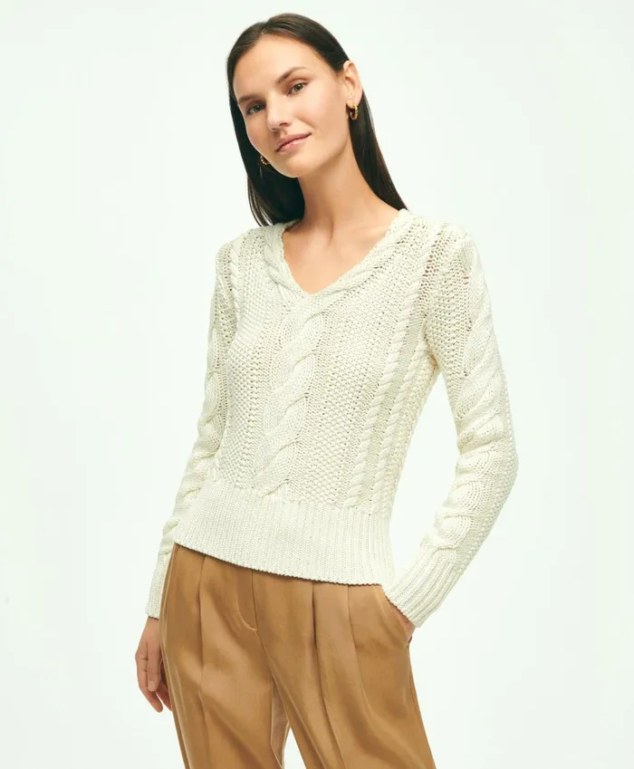Sweaters Women Brooks Brothers Cotton MultiCable VNeck Sweater Ivory