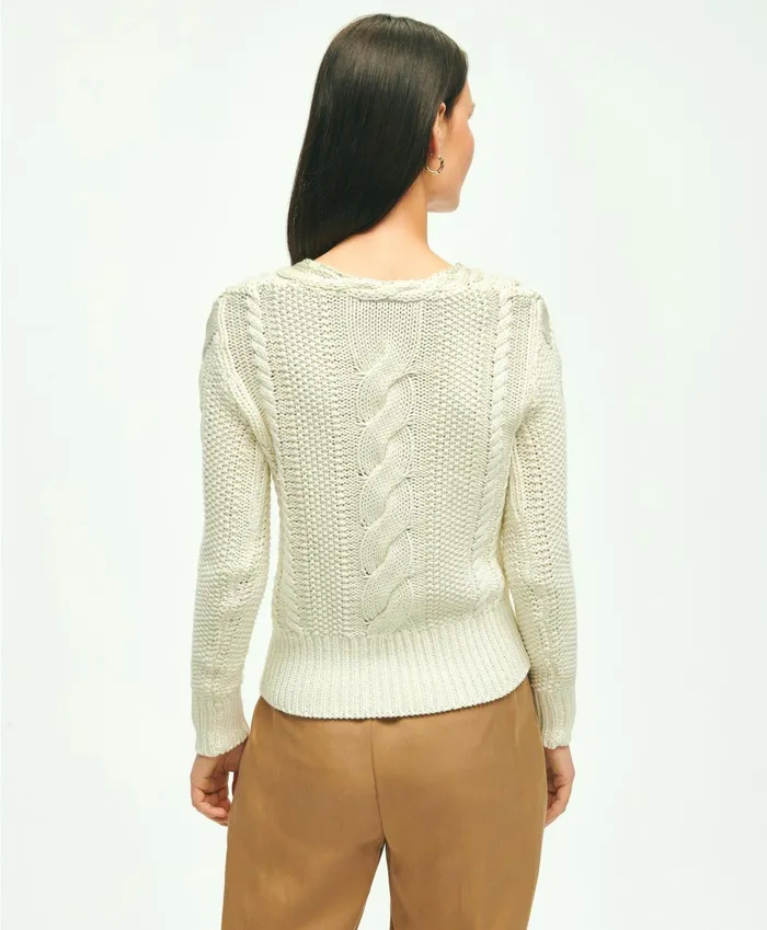 Sweaters Women Brooks Brothers Cotton MultiCable VNeck Sweater Ivory