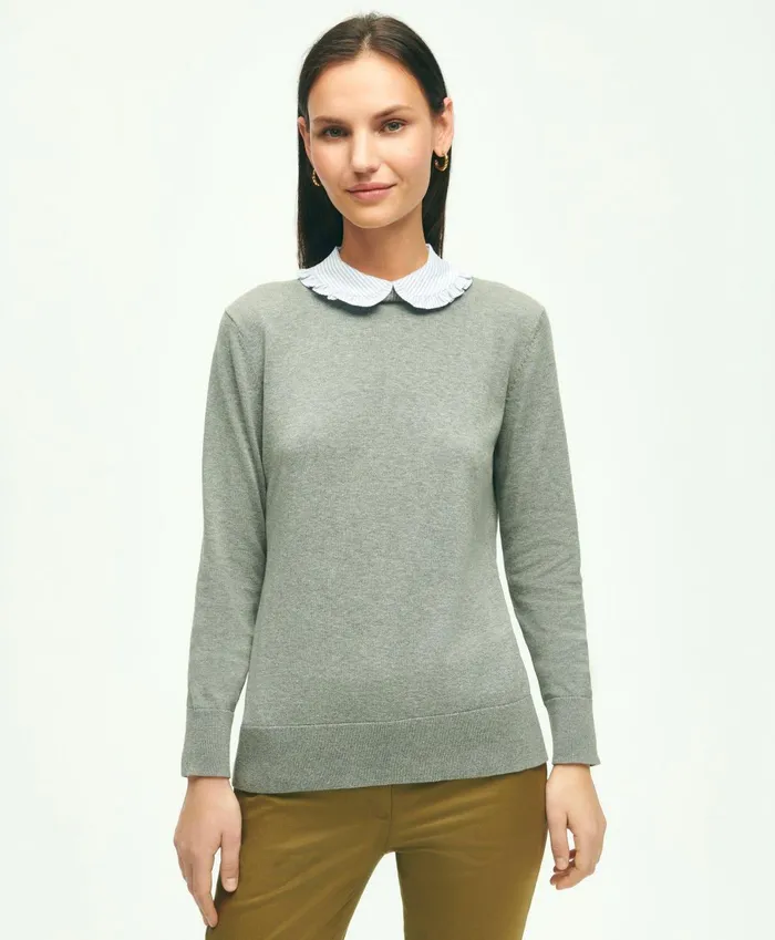 Sweaters Women Brooks Brothers Cotton Removable Collar Sweater Grey Heather
