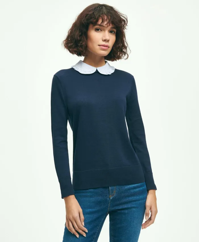 Sweaters Women Brooks Brothers Cotton Removable Collar Sweater Navy