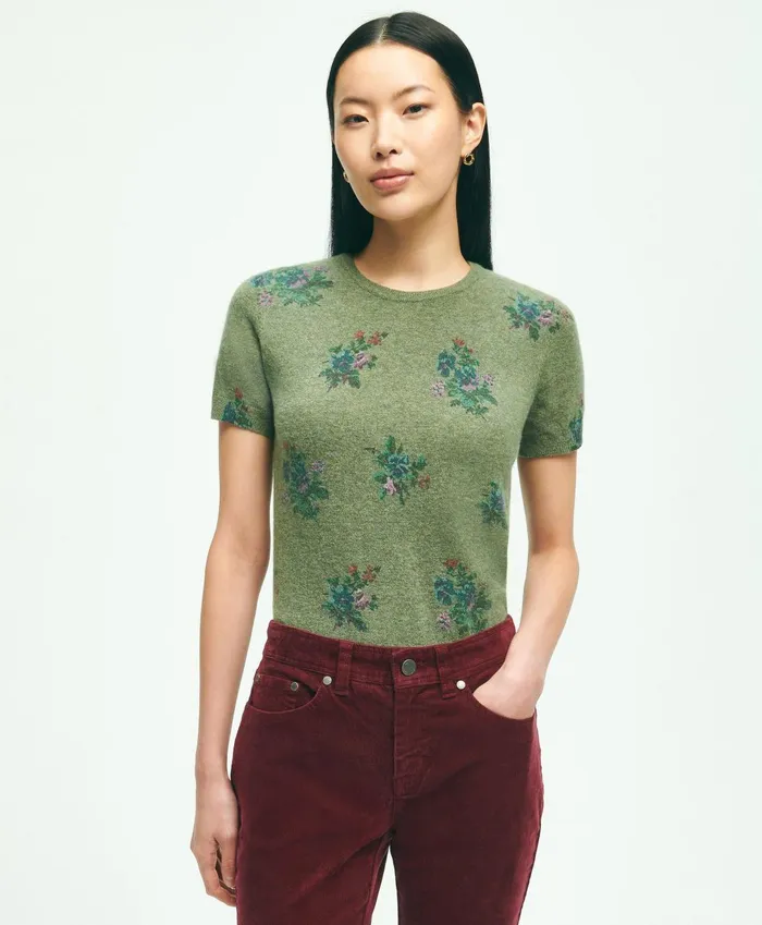 Sweaters Women Brooks Brothers Lambswool Floral Print Shell Olive