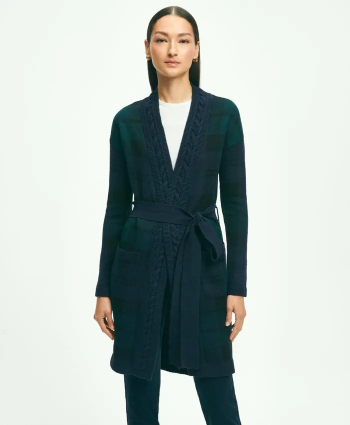 Sweaters Women Brooks Brothers Merino Wool Black Watch Cardigan Green Multi