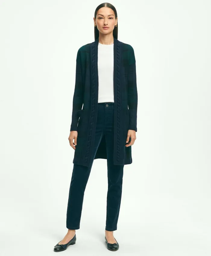 Sweaters Women Brooks Brothers Merino Wool Black Watch Cardigan Green Multi