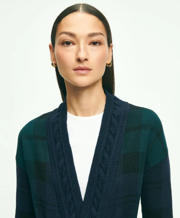 Sweaters Women Brooks Brothers Merino Wool Black Watch Cardigan Green Multi