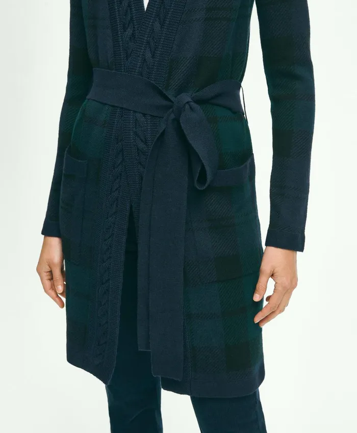 Sweaters Women Brooks Brothers Merino Wool Black Watch Cardigan Green Multi