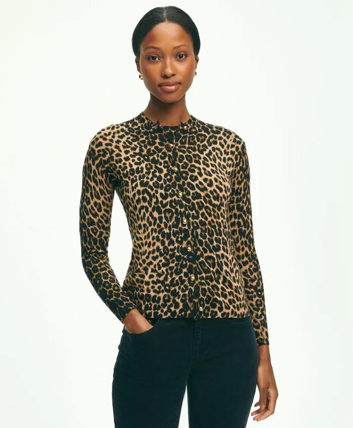 Sweaters Women Brooks Brothers Merino Wool Leopard Print Cardigan Brownmulti