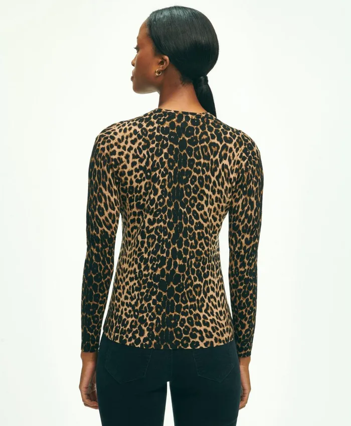 Sweaters Women Brooks Brothers Merino Wool Leopard Print Cardigan Brownmulti