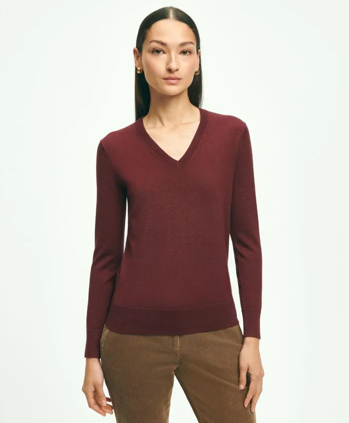Sweaters Women Brooks Brothers Merino Wool VNeck Sweater Burgundy