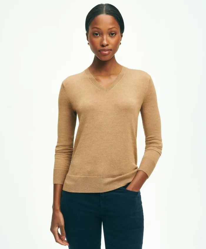 Sweaters Women Brooks Brothers Merino Wool VNeck Sweater Camel