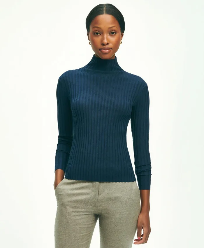 Sweaters Women Brooks Brothers SilkBlend Mock Neck Ribbed Sweater Navy