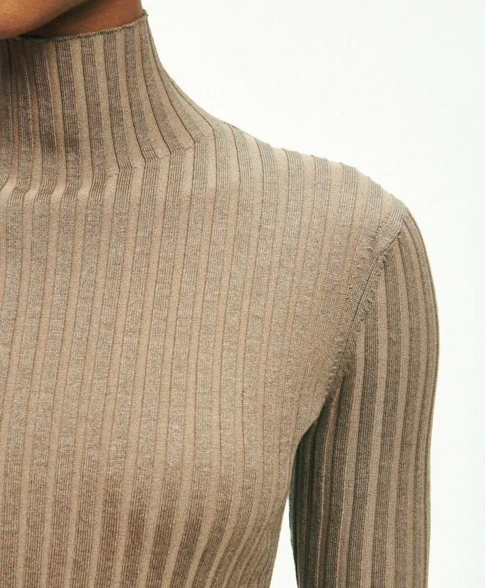 Sweaters Women Brooks Brothers SilkBlend Mock Neck Ribbed Sweater Taupe
