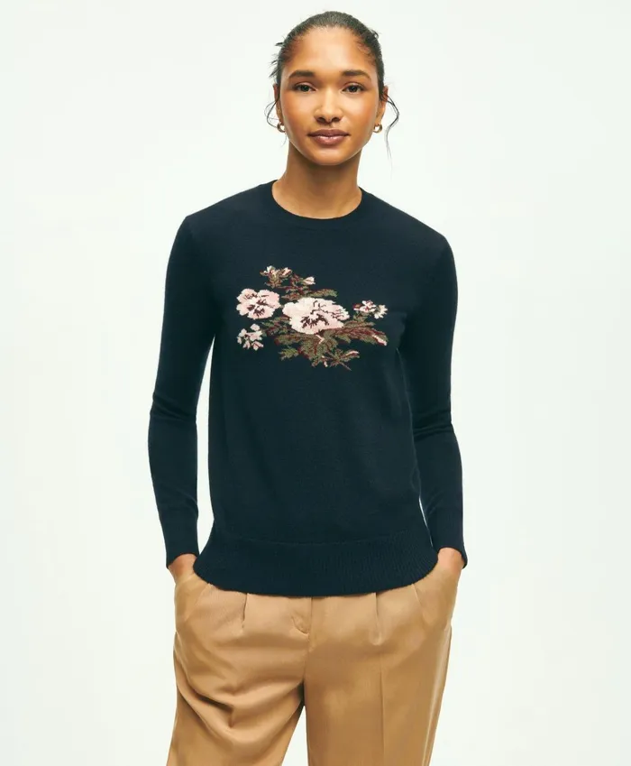Sweaters Women Brooks Brothers Silk Cashmere Floral Intarsia Crewneck Sweater Navy Multi