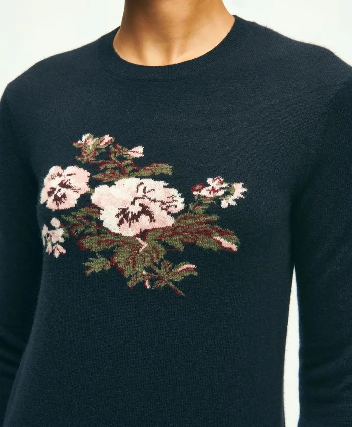 Sweaters Women Brooks Brothers Silk Cashmere Floral Intarsia Crewneck Sweater Navy Multi